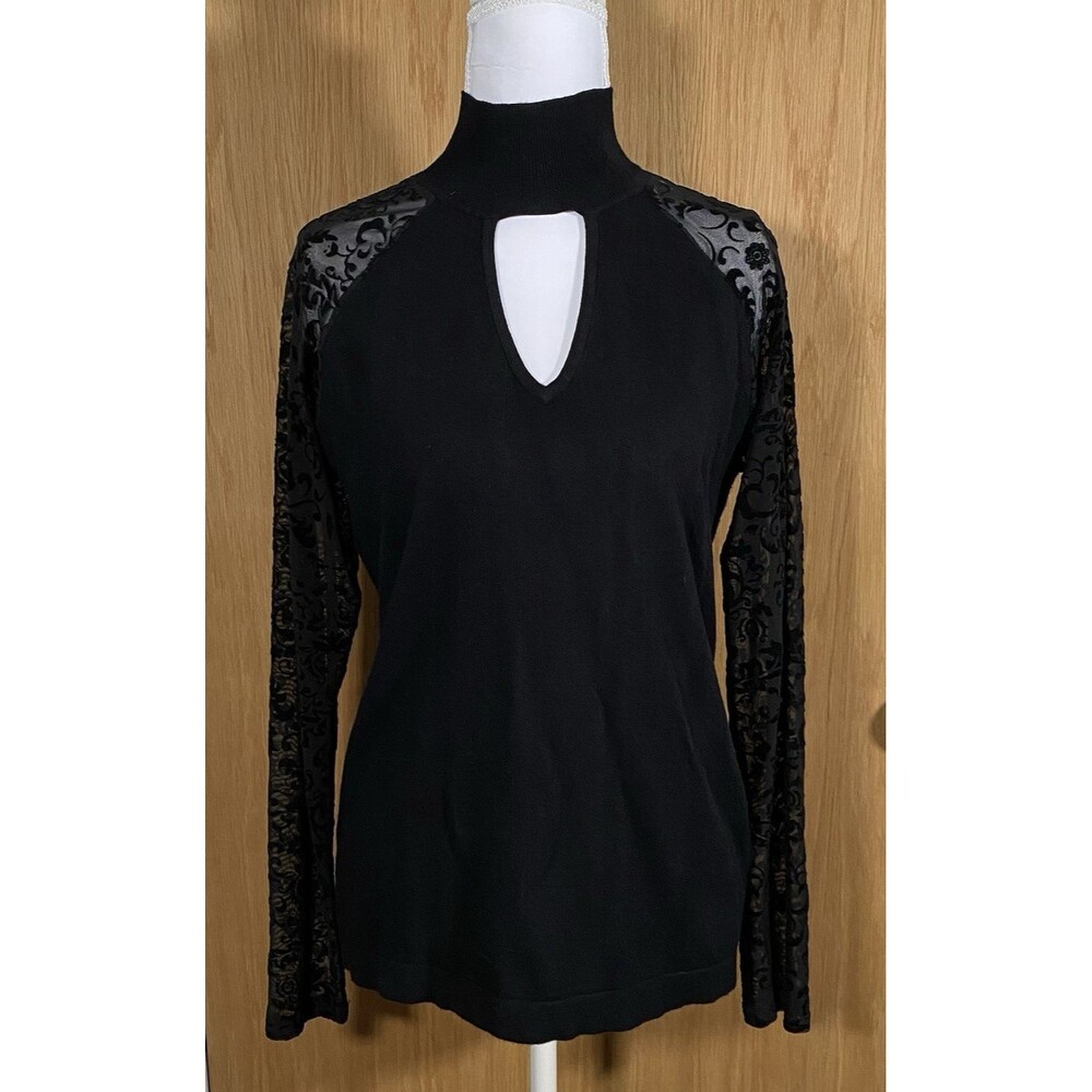 Women's M Black Sweater Sheer Velvet Burnout Sleeves WhimsiGoth Fairy Grunge